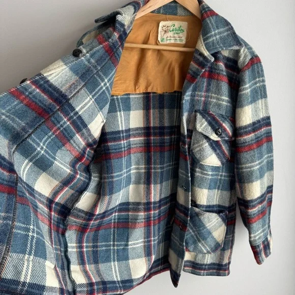Vintage 60s 70s Caribou Coat Plaid Wool Jacket Shacket Button Up Mens M Womens L - Picture 11 of 14